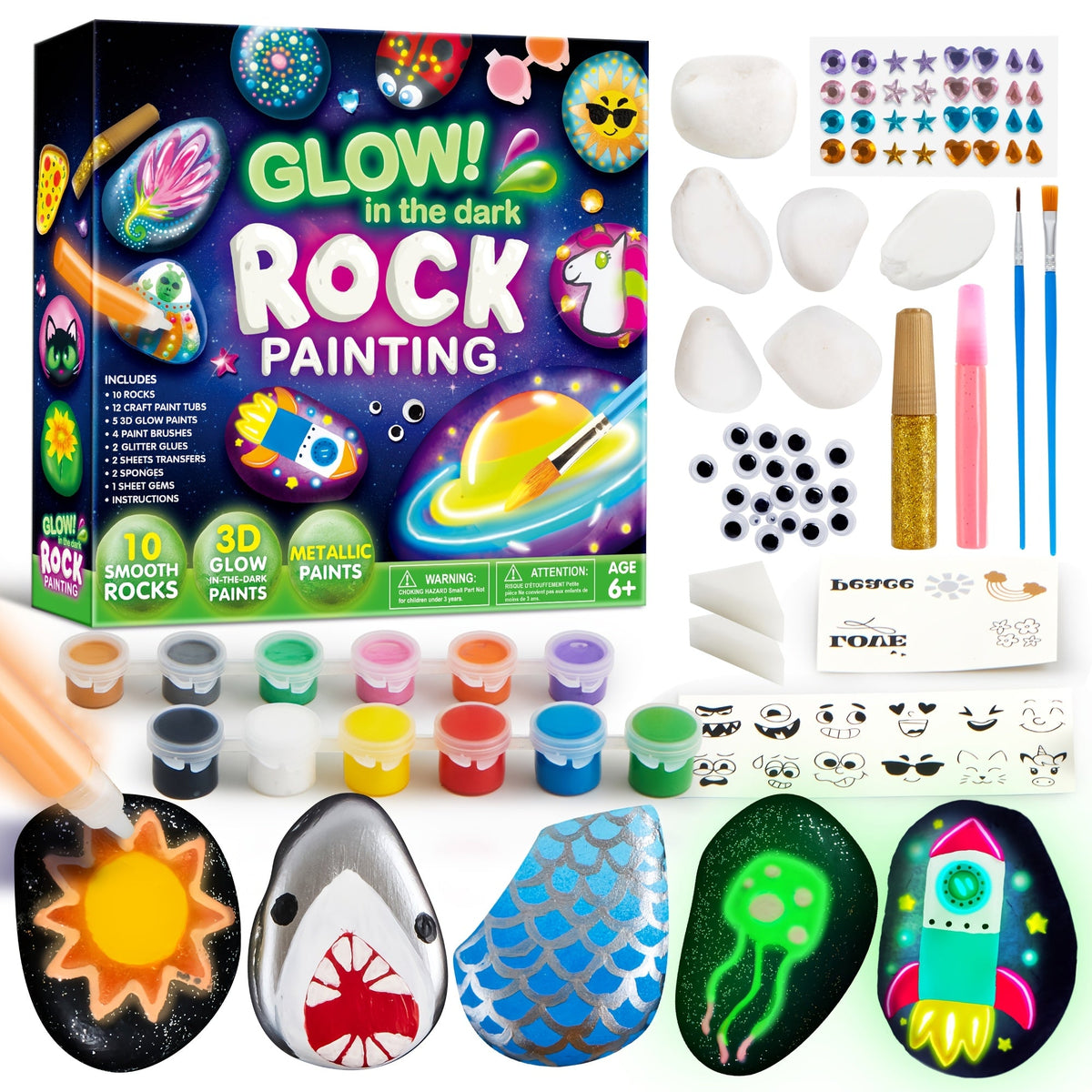 Glow in the Dark Rock Painting Kit for Kids Ages 6+ Arts and Crafts Set with 10 Rocks 6 Standard 6 Metallic 5 Glow Paints Brushes Gems Stickers Non-Toxic Birthday Easter Gift Boys Girls