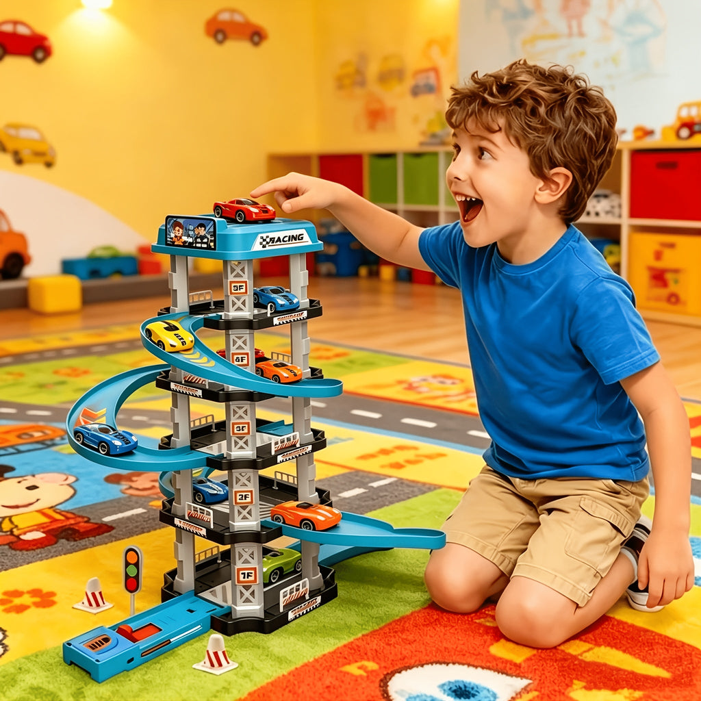 62pcs 5-Story Parking Garage 3D Multi-Layer Racing Track Set with 2 Cars Ejection Launchers Drift Tracks Helipad Gas Station Assembly STEM Toy for Kids Boys Birthday New Year Gift