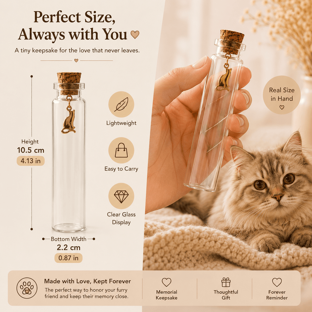 Pet Hair Keepsake Jar Set 2pcs – Glass Memory Bottles with Golden Cat Charm for Pet Fur, Whiskers & Handwritten Notes, Cat & Dog Memorial Gift for Pet Lovers