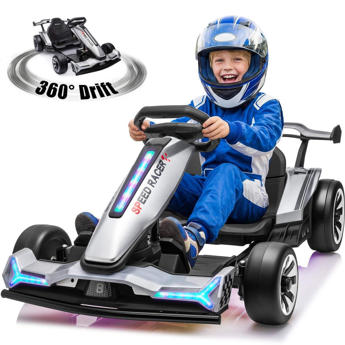 24V Electric Kids Go-Kart Drift Cart 360 Degree Drift Mode High Speed Racing with Soft Start Music Safety Belt Metal Frame Dual Brake for Boys Girls Ages 6 and Up Birthday Christmas Gift Black White Red Orange Silver
