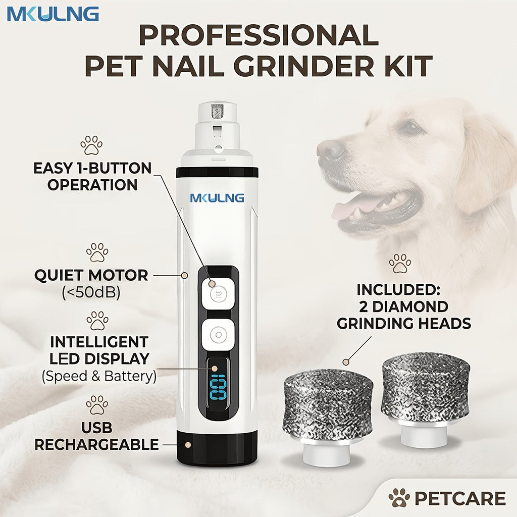 Quiet Dog Nail Grinder with LED Light – Upgraded 3-Speed Rechargeable Electric Pet Nail Trimmer & Grinder Kit, Painless Paw Grooming for Small Medium Large Dogs & Cats