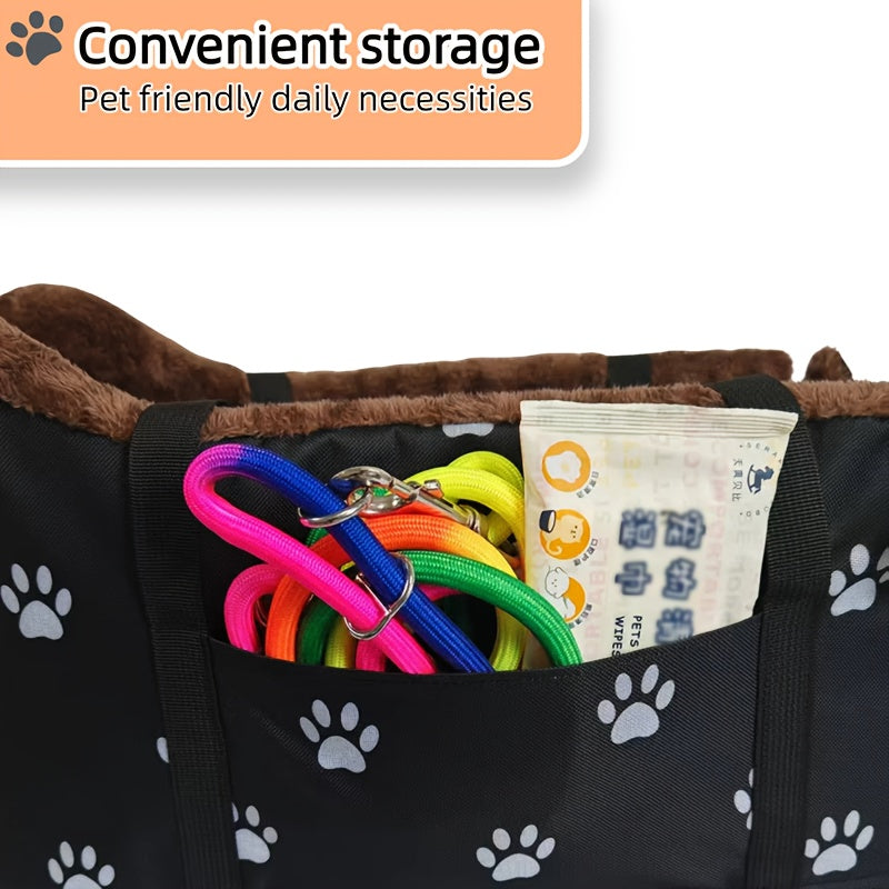 Pet Car Armrest Console Nest - Portable Backable Small Dog Cat Car Seat Bed, Center Console Pet Nest with Paw Print Design, Cozy Travel Companion for Small Pets, Black & Grey Footprints