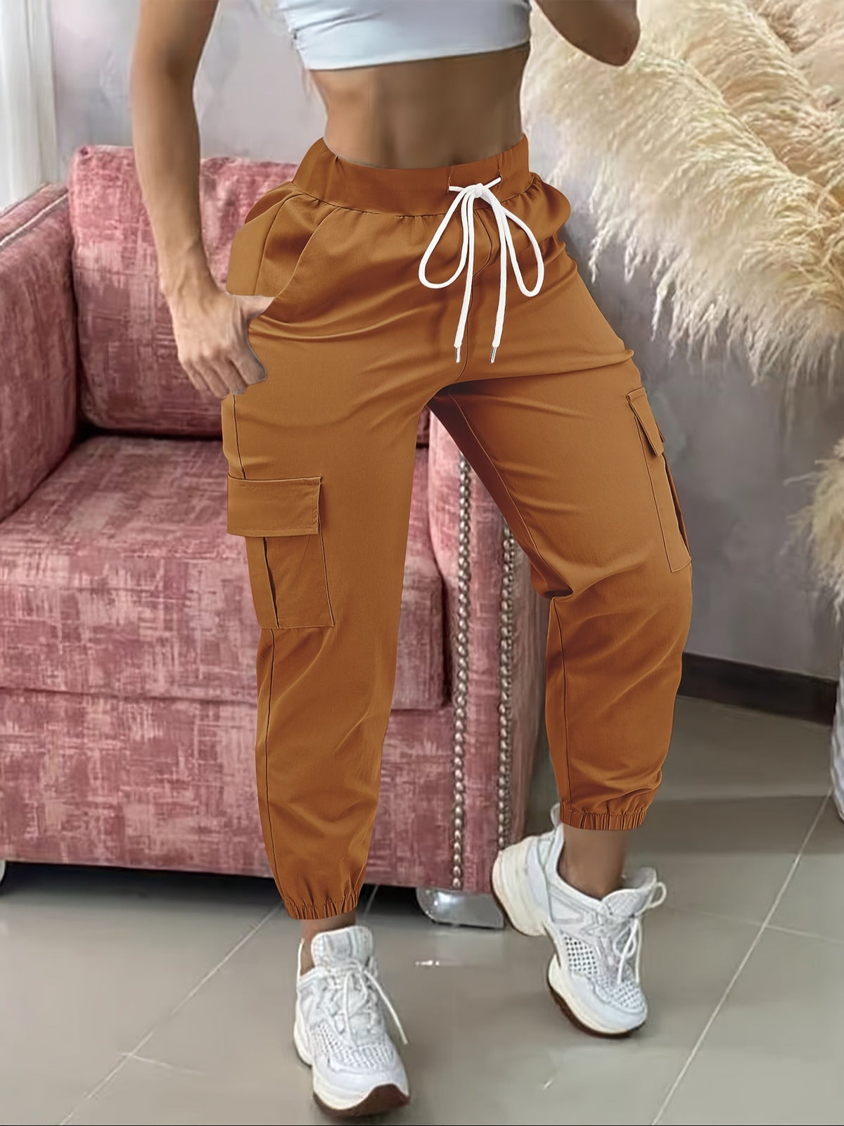 Cargo Pants Women Drawstring Waist Multiple Pockets Frayed Hem All-Season Comfort Fit Casual Wear - Black Khaki Olive Grey Navy Dark Gray S M L XL XXL Woven Stretch Fabric