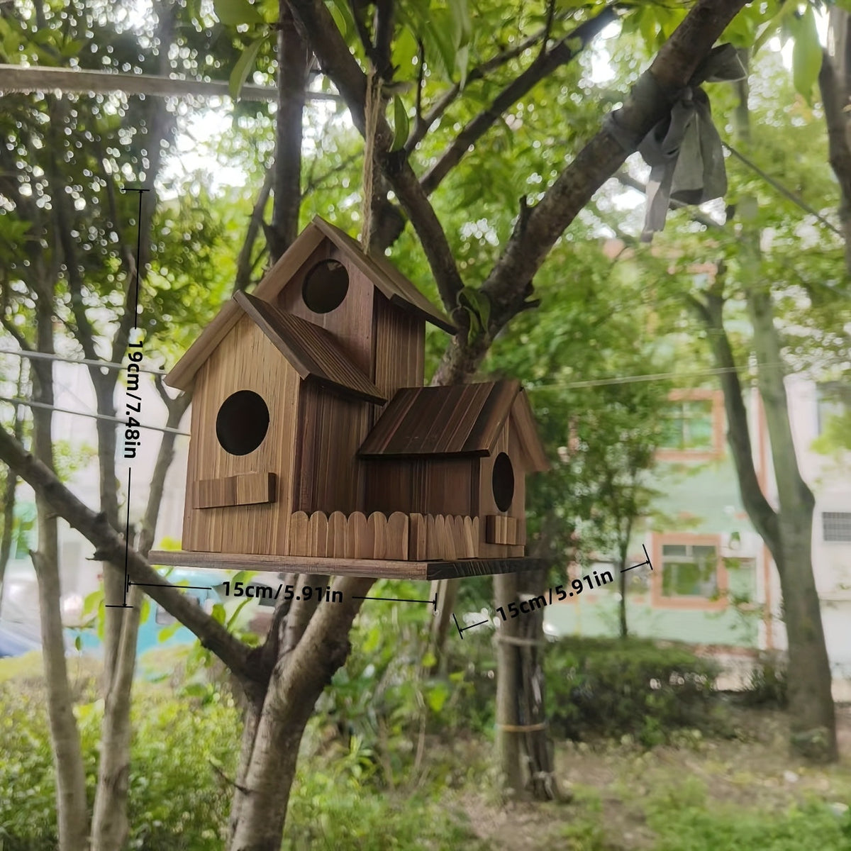 Outdoor Wooden Bird Nest 3-Room Rustic Natural Wood Wild Bird House for Garden Backyard Patio – Handcrafted Bird Nesting Box for Small Wild Birds Wildlife Habitat Decor