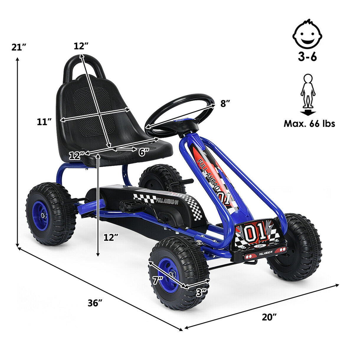 Pedal Go Kart for Kids Ages 3-6, 4-Wheel Pedal Powered Ride On Car with Adjustable Seat, Handbrake, No-Slip Wheels, Outdoor Racing Go Kart for Boys and Girls - Blue, Green, Red, Pink