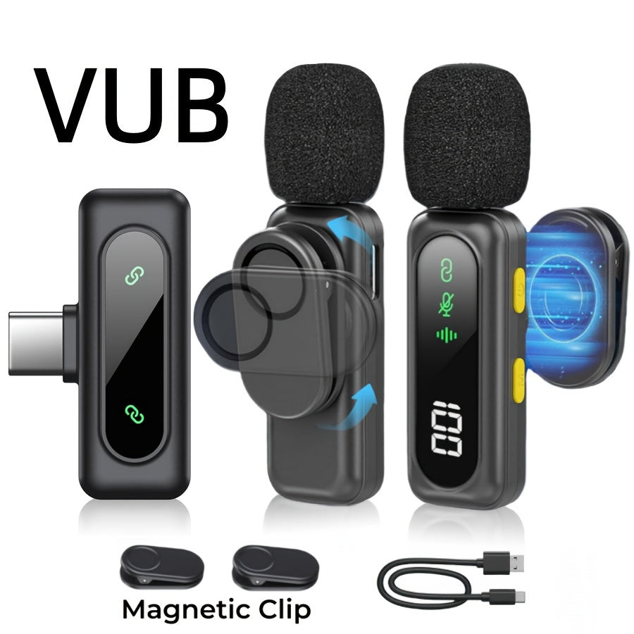 Wireless Lavalier Microphone USB-C 2.4G with DSP Noise Reduction, Digital Battery Display, 360° Omnidirectional Clip-On Lapel Mic, 100ft Range, Feather Windshield, Rotatable Magnetic Clip for iPhone, Android, Camera & Content Creators