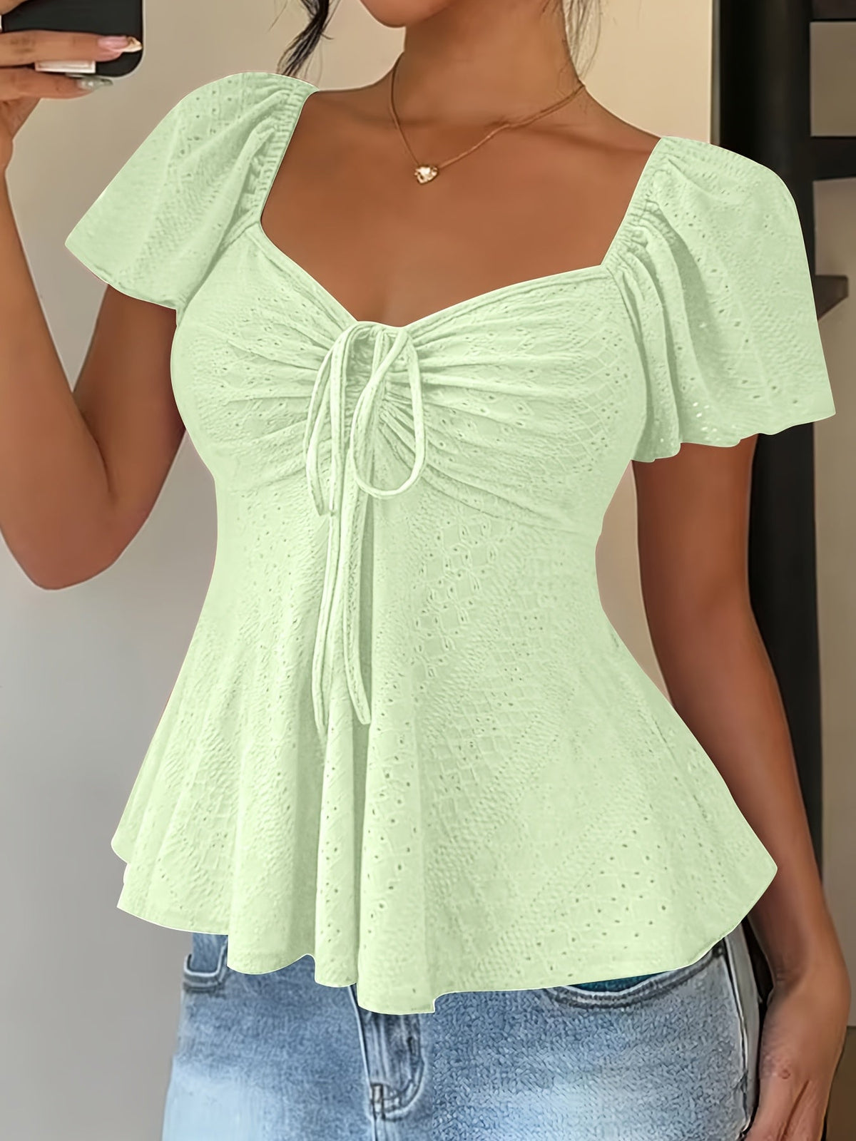 Women's Y2K Jacquard V-Neck Drawstring T-Shirt – Solid Color Short Sleeve Breathable Elegant Top for Spring & Summer