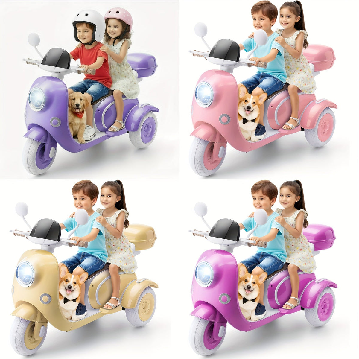 12V Kids Ride-On Motorcycle 3-Wheel Moped 2-Seater Electric Car with Dual Motor, Horn, LED Lights, Large Storage Box – Battery Powered Bike for Boys Girls Ages 3-8, Best Christmas Birthday Gift