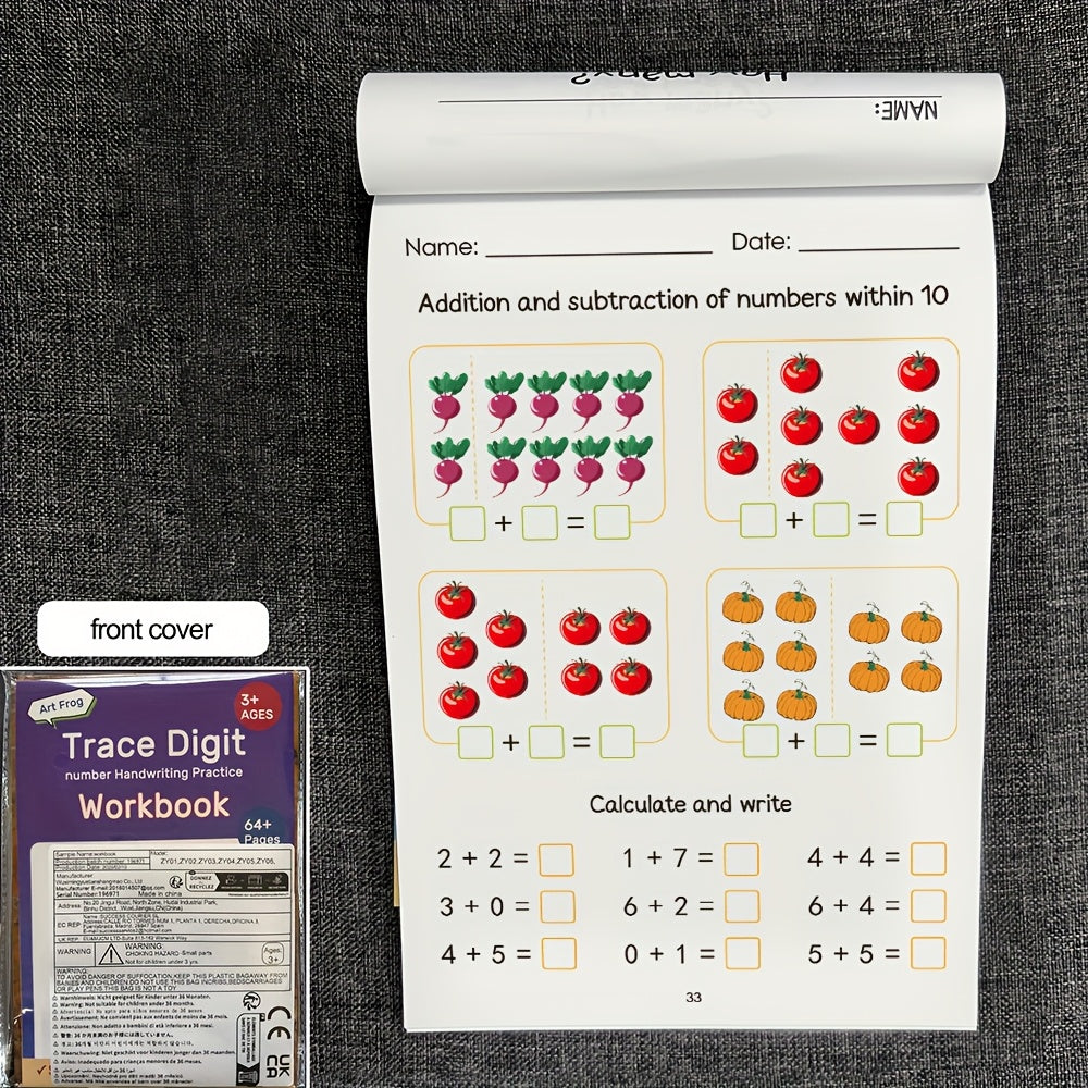 Kids Math Workbook for Preschool & Kindergarten – 64-Page Addition & Subtraction Practice, Number Tracing Handwriting Copybook, Ages 3-6 Early Learning