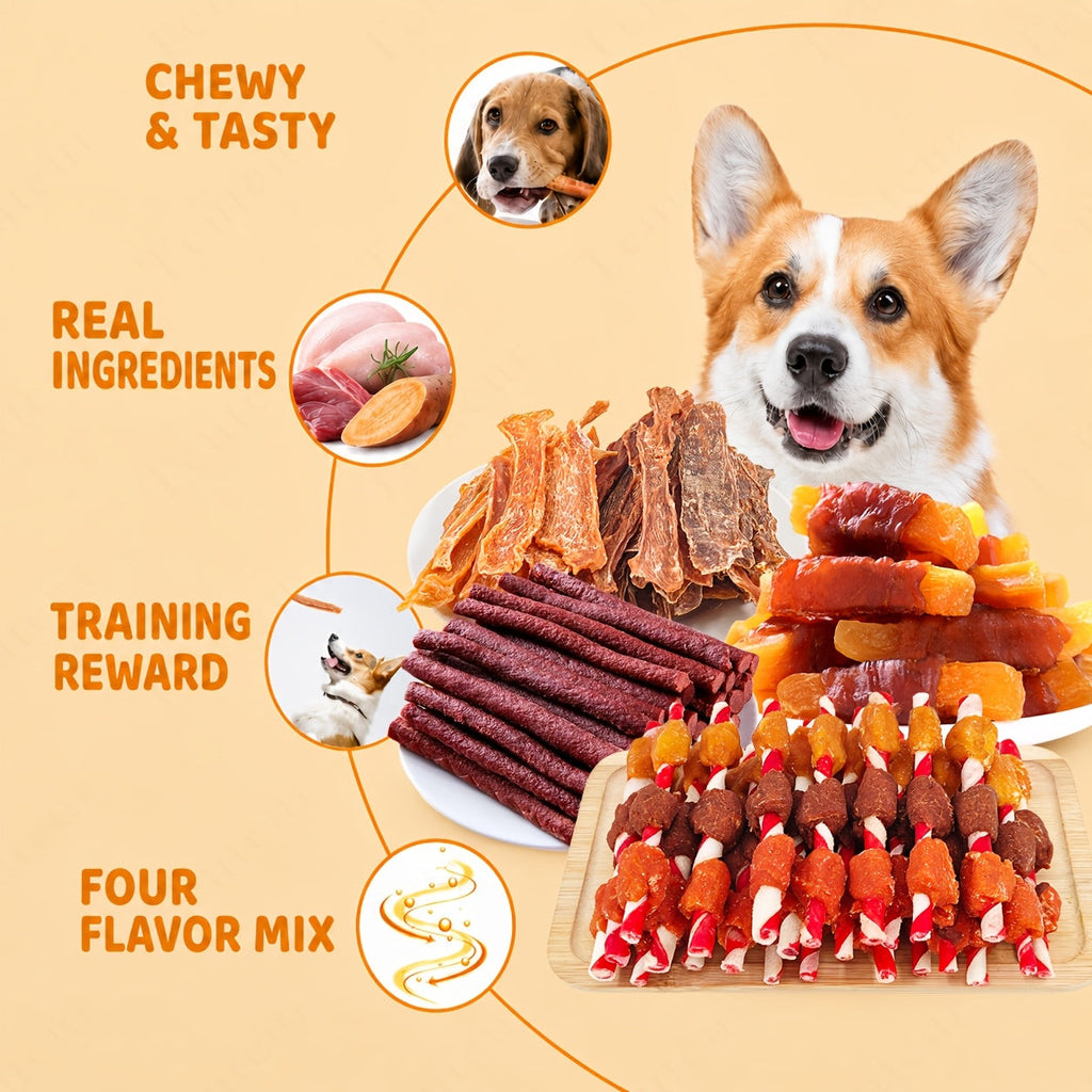 Mixed Dog Treats Combo Pack – Chicken Jerky, Duck Jerky, Beef Strips & Meat Skewers, Chewy Training Reward Snacks for Puppies & Adult Dogs, All Breeds Small Medium Large, Daily Dog Treats
