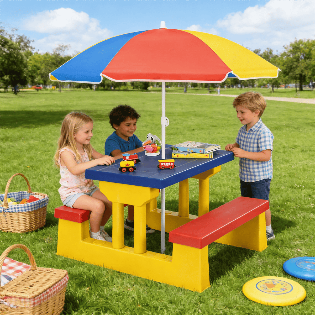 Kids Picnic Table with Removable Foldable Umbrella – 2-in-1 PP Table & Bench Set Seats 4 Children, UV Protection, Safe Rounded Edges, Indoor Outdoor Activity Table for Backyard Garden, Best Gift for Kids