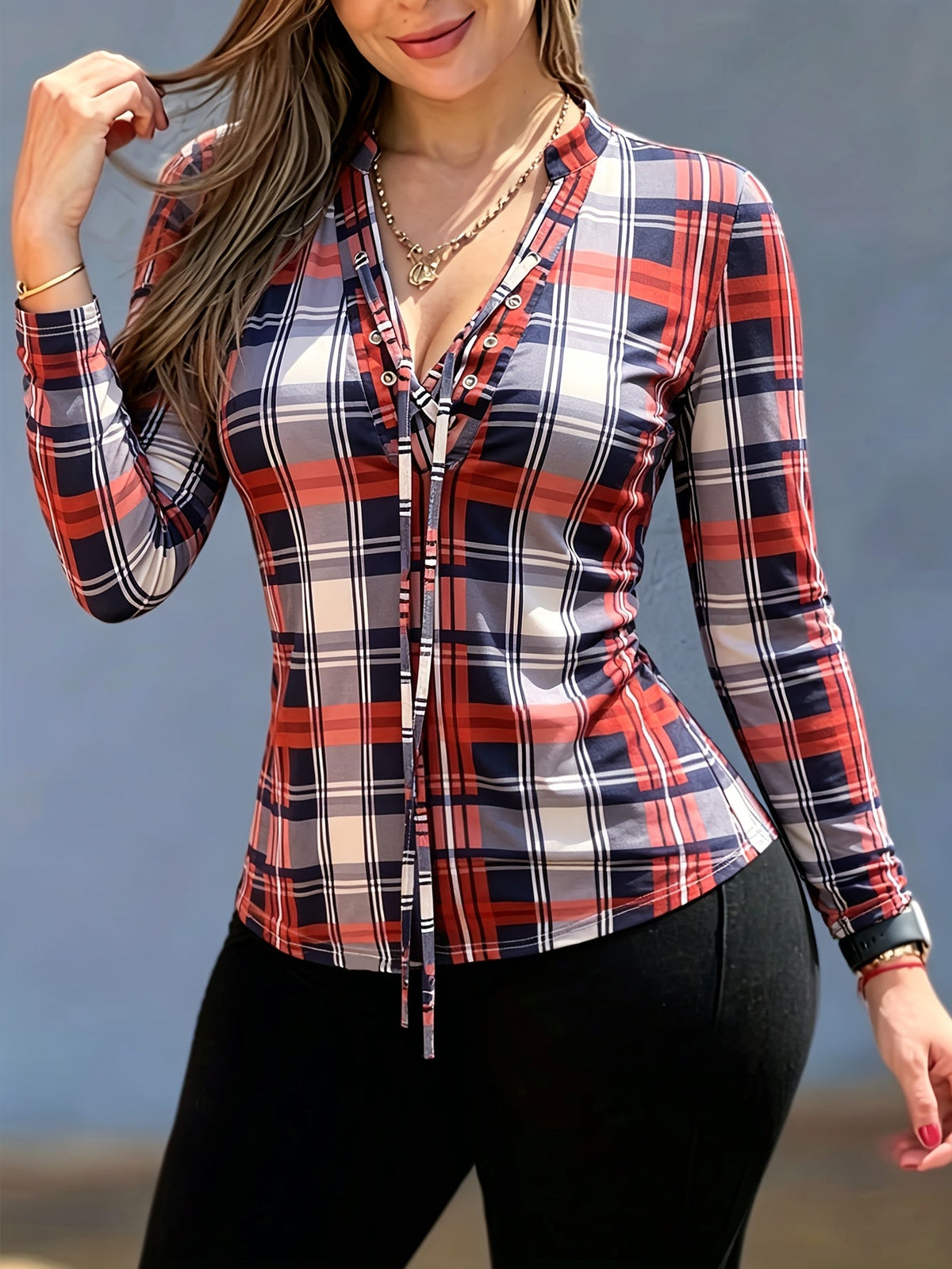 Women's V-Neck Plaid Long Sleeve Top Sexy Western Shirt Micro Stretch Blouse Spring Casual Regular Fit Trendy Outfit S M L XL XXL