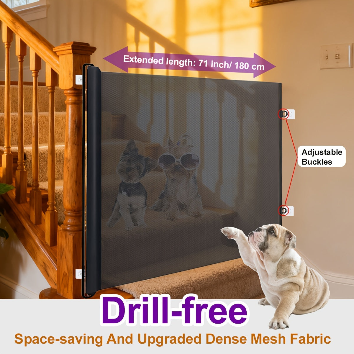 Expandable Mesh Pet Gate Fence - No Drill Easy Install Safety Barrier for Dogs & Cats, Scalable Design Fits Stairs, Doorways & Rooms, Indoor Pet Fence for Home, Black