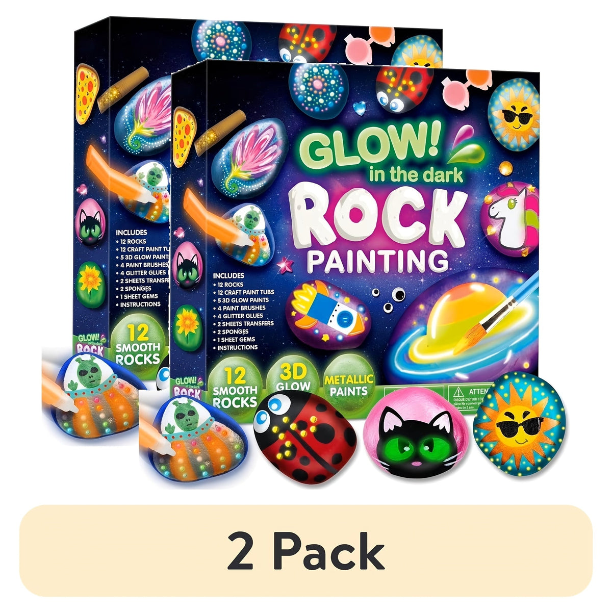 Glow in the Dark Rock Painting Kit for Kids Ages 6+ Arts and Crafts Set with 10 Rocks 6 Standard 6 Metallic 5 Glow Paints Brushes Gems Stickers Non-Toxic Birthday Easter Gift Boys Girls