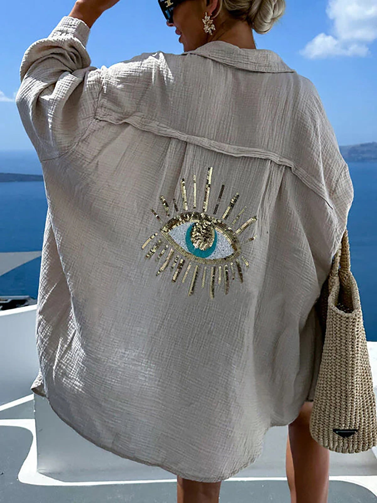 Women's French Style Loose Fit Long Sleeve Shirt – Elegant Eyelet Back Detail Woven Polyester Casual Top for Spring & Summer