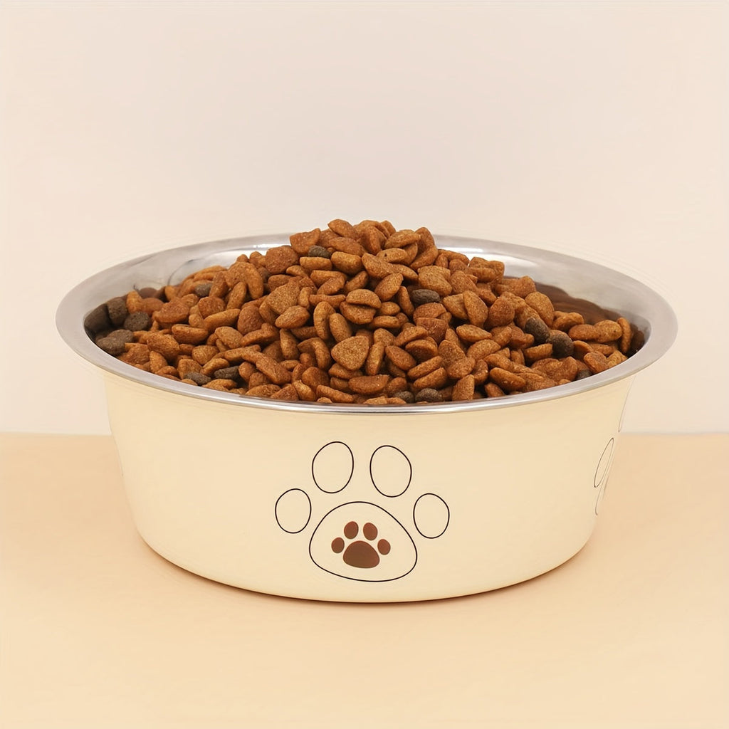 Stainless Steel Dog Bowl with Cute Footprint Pattern Durable Non-Slip Pet Food Water Bowl for Dogs Indoor Outdoor Use Sizes S M L XL Colors Beige Pink Blue