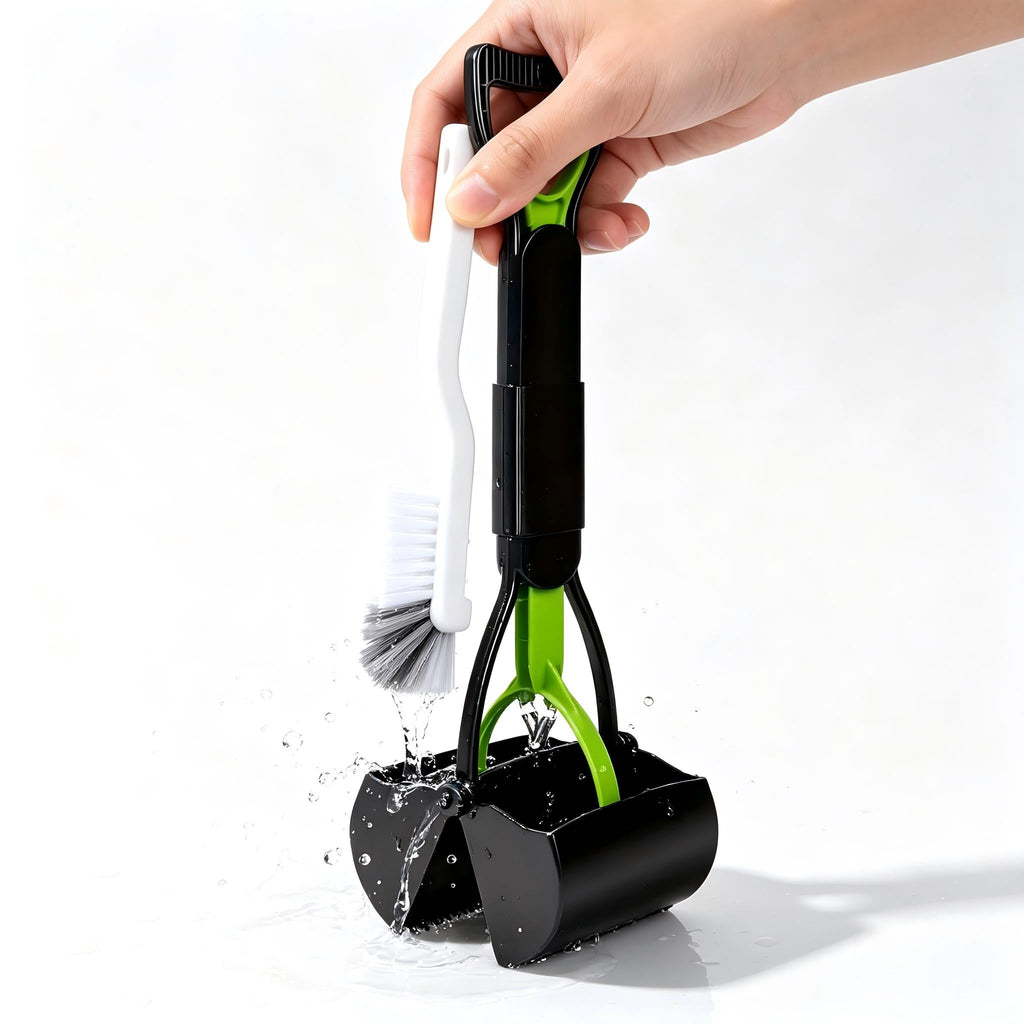 Portable Foldable Dog Poop Scooper with Cleaning Brush - Strong Serrated Clamp Waste Grabber for Yards Lawns & Gravel, No-Dead-Angle Pet Waste Pickup Tool, High-Strength Durable Design