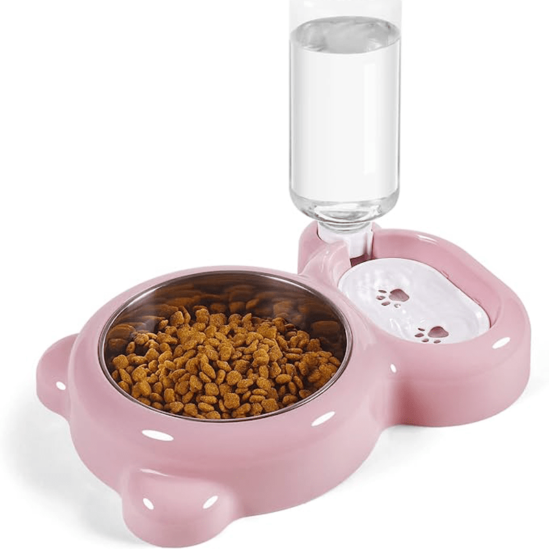 Pet Double Bowl Set with Automatic Water Dispenser Bottle – Food and Water Bowls for Small Dogs and Cats, Dishwasher Safe, Durable BPA-Free, Pink Grey Purple, Indoor Pet Feeding Station