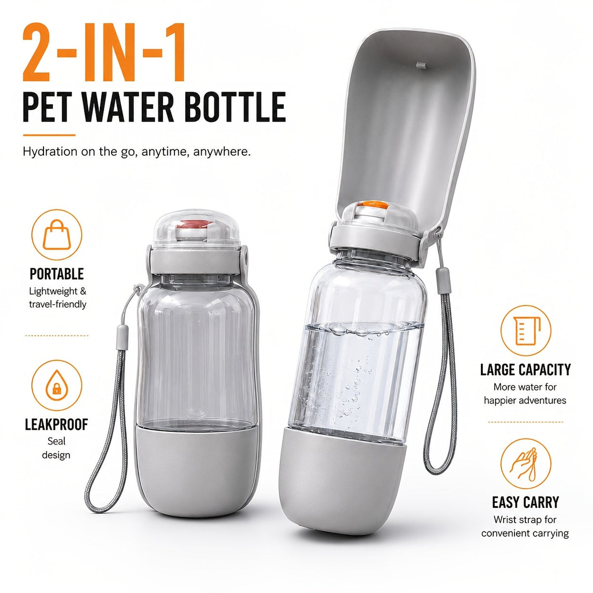 Portable Dog Water Bottle 2-in-1 with Food Bowl - 520ML Leak-Proof Pet Travel Water Dispenser for Dogs and Cats, Large Capacity Outdoor Hydration Cup for Walking Hiking Camping