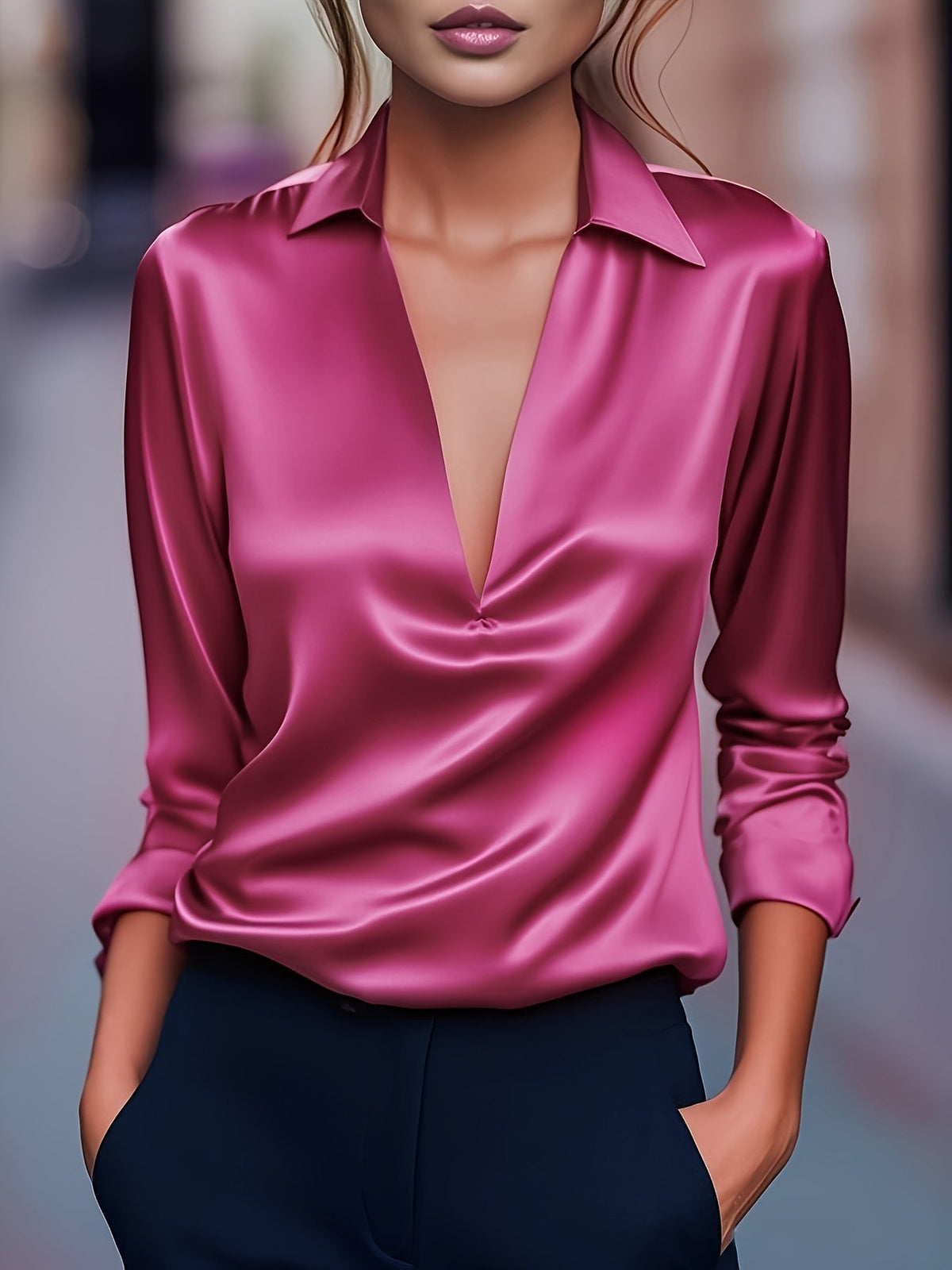 V-Neck Satin Blouse Women Elegant Solid Color Long Sleeve Loose Fit Casual Office Shirt Top S M L XL XXL Multi Color