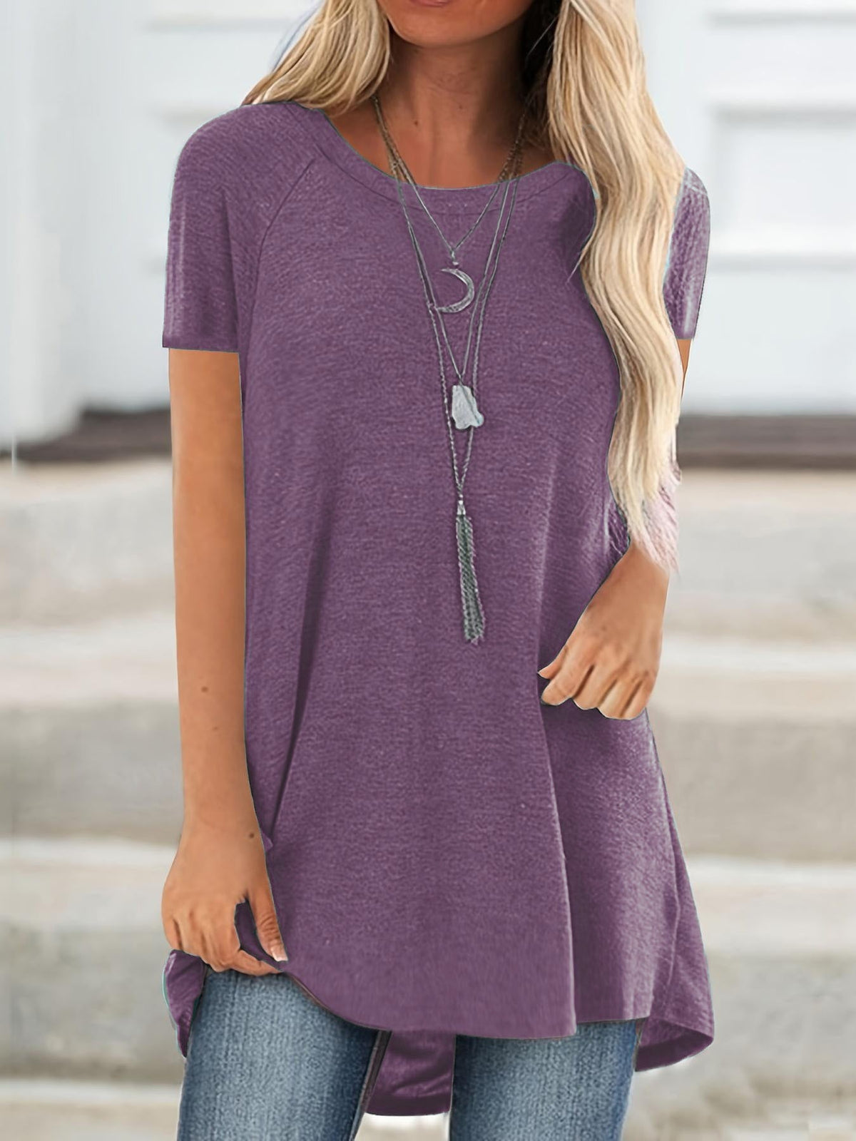 Women's Longline Raglan Short Sleeve T-Shirt – Solid Color Loose Fit Dipped Hem Knit Top in 15 Colors, 35% Viscose 60% Polyester 5% Elastane
