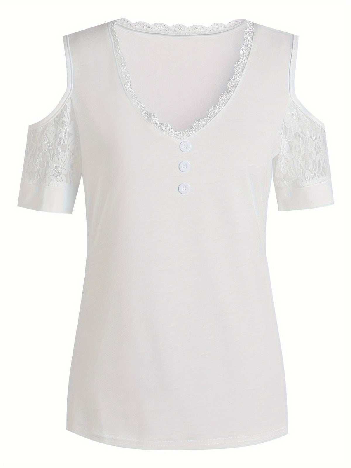 Off-Shoulder Contrast Lace T-Shirt for Women - Trendy Button Decor Short Sleeve Top, Soft Stretch Fabric, 4 Colors S-XXL