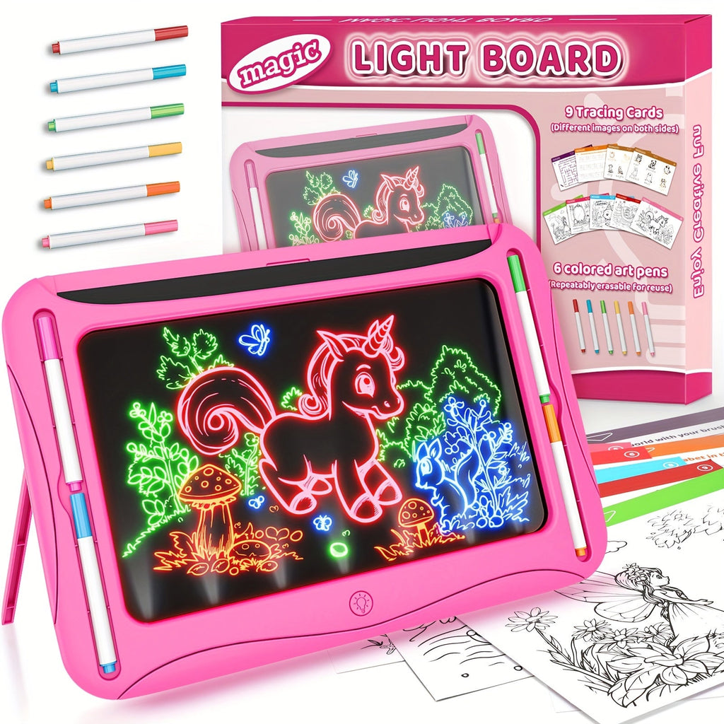 LED Light Up Drawing Board for Kids 8 Light FX Modes Doodle Tracing Art Set with 9 Double-Sided Cards 6 Washable Markers Flip Stand Creative STEM Toy Birthday Christmas Gift Girls Boys Ages 3-8
