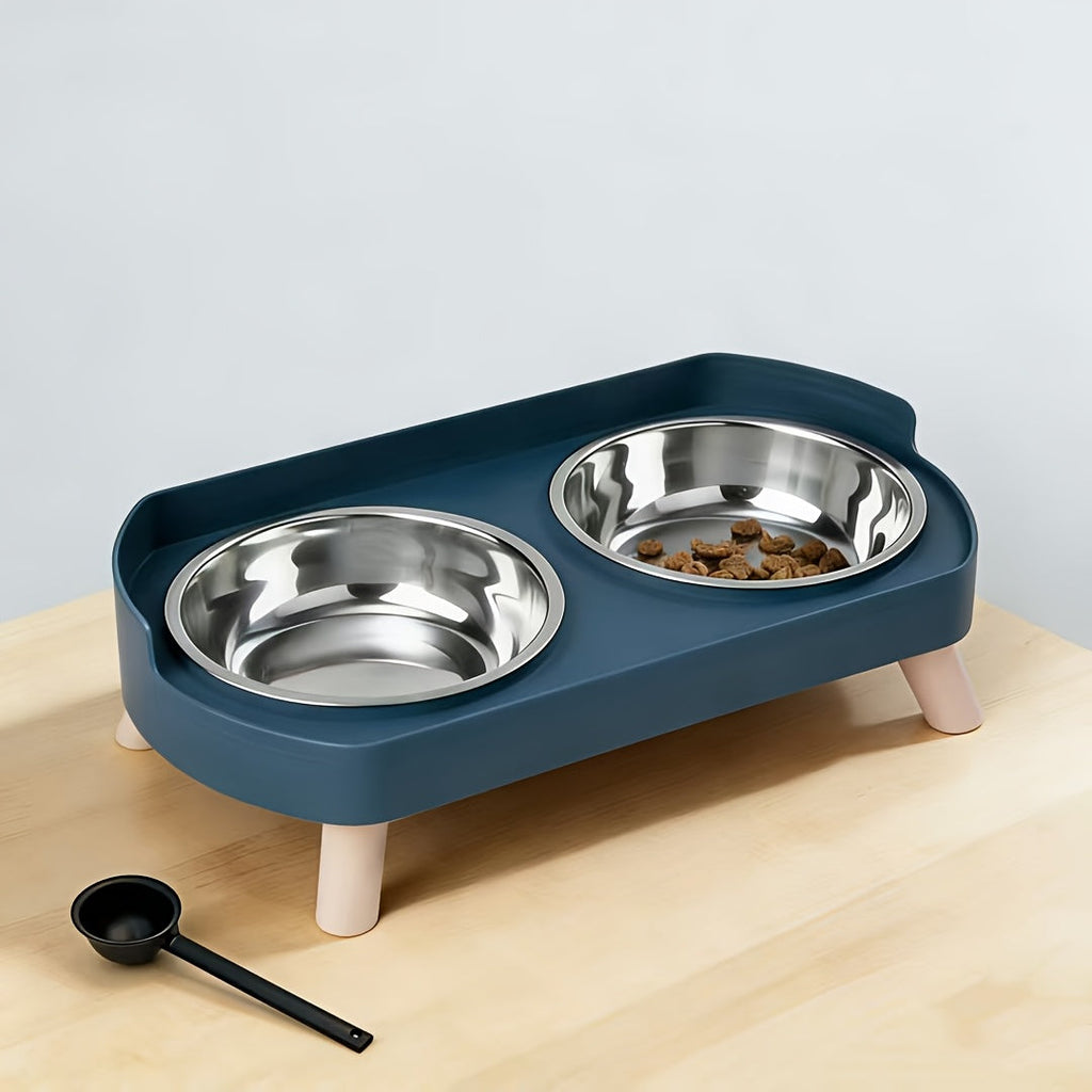 Elevated Cat Bowls Raised Stainless Steel - Double Cat Food and Water Bowl Set, Anti-Vomit Neck Protection, Non-Slip Feeder Stand, Splash-Proof Dishwasher Safe, Includes 2 Bowls & Pet Food Scoop for Indoor Cats