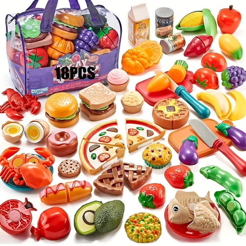 18 Pcs Kids Simulation Kitchen Toy Set Mini Cutting Fruit Vegetable Food Pretend Play Toys Skills Development Birthday Gift for Boys Girls Ages 3+ Random Colors