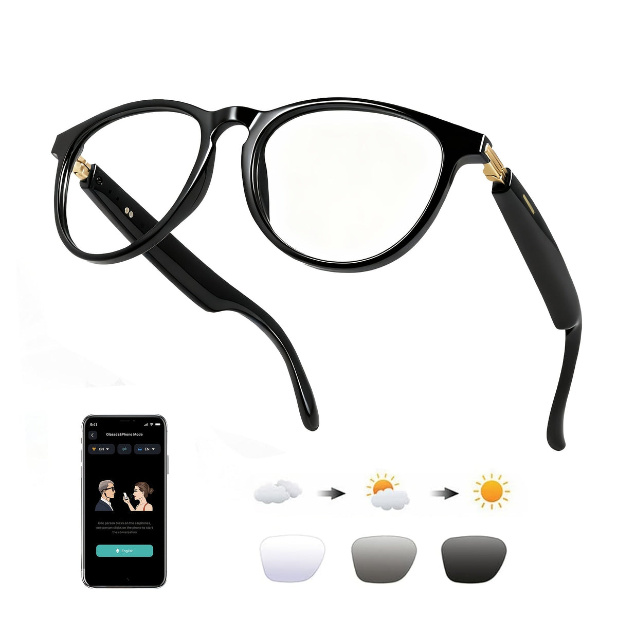 AI Smart Glasses Real-Time Translation 160+ Languages ChatGPT System Bluetooth 5.3 Built-in Mic Speaker – HD Voice Calls HiFi Music Smart Audio Glasses Unisex Men Women