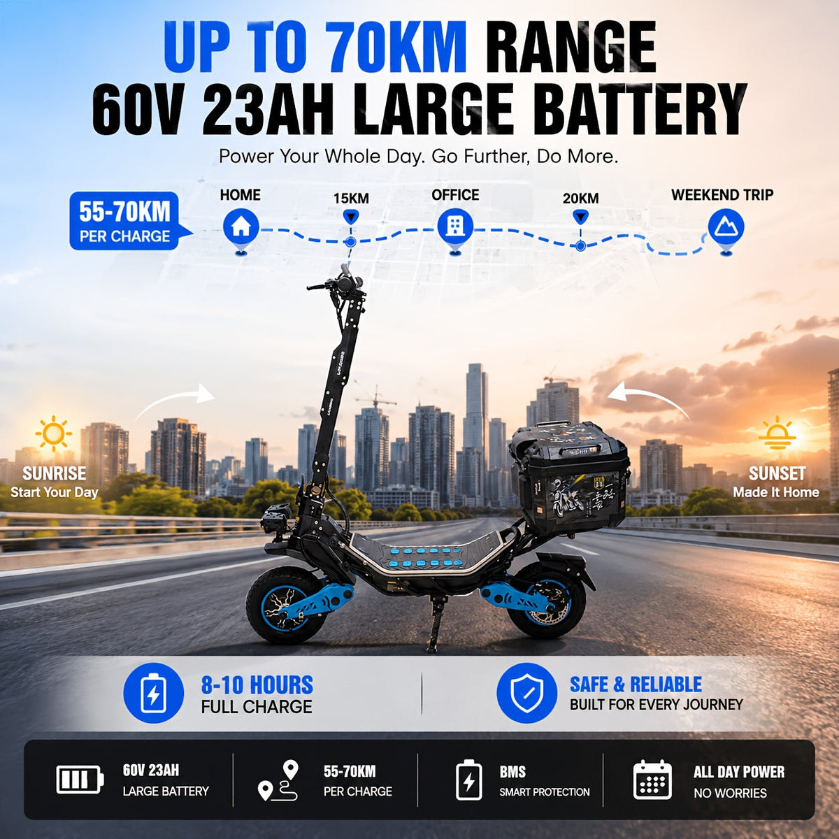 60V 3000W Dual Motor Off-Road Electric Scooter – 12-Inch Fat Tires, Front & Rear Suspension, Dual Hydraulic Brakes, Foldable Design with Bluetooth Music Player for Adults