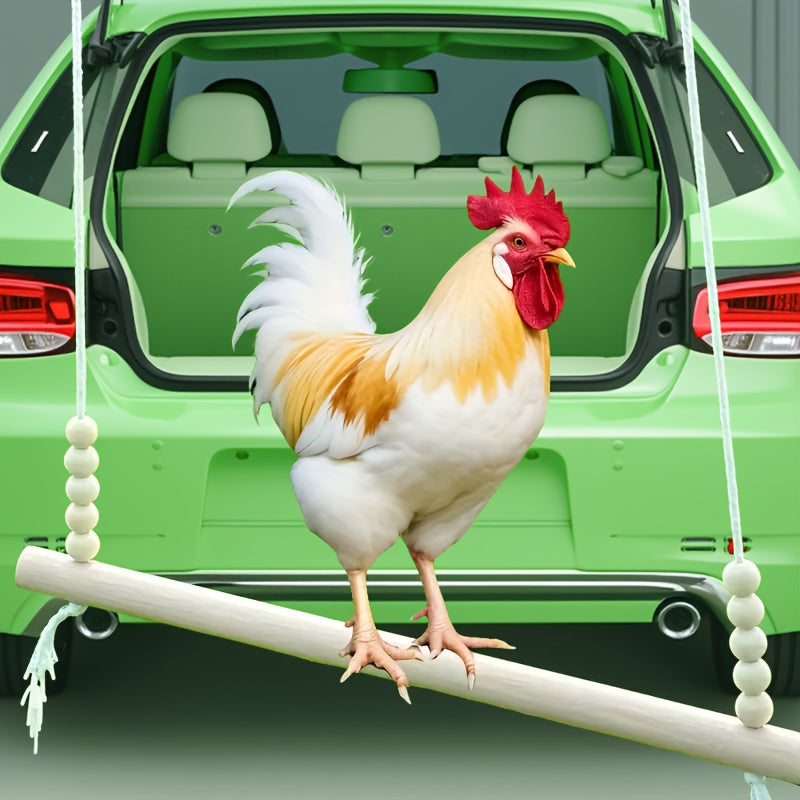 Wooden Chicken Swing Toy Natural Handmade Tangle-Free Bird Stand with Elastic Rope Beads for Chickens Ducks Parrots Poultry Farmhouse Coop Accessory Large Durable