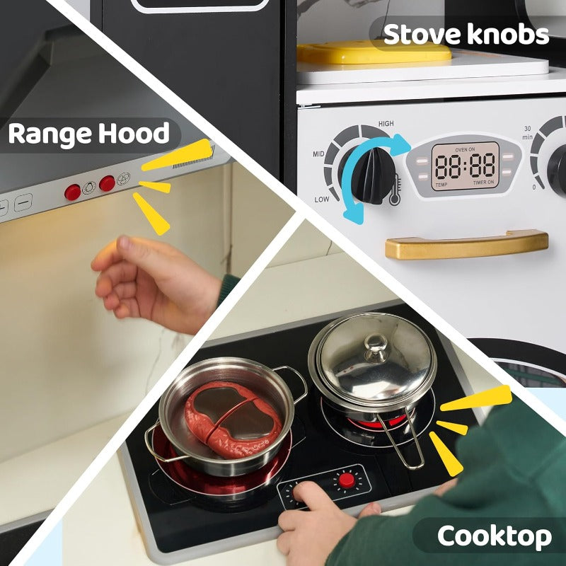 Wooden Corner Play Kitchen Set for Kids – Real Lights & Sounds, Double-Door Fridge, Ice Maker, Stovetop, Oven, Microwave & Accessories – ASTM & CPSIA Safe – Best Birthday Gift for Boys & Girls