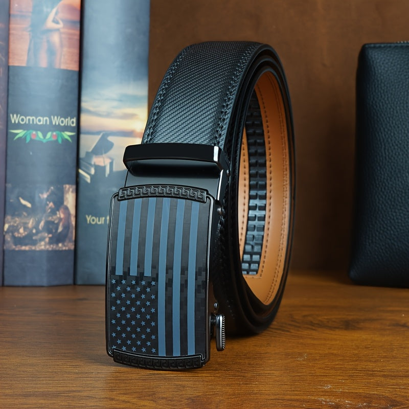 Men's Genuine Leather Ratchet Belt with American Flag Automatic Buckle – Adjustable Alloy Clasp in Black & Brown for Formal and Casual Wear