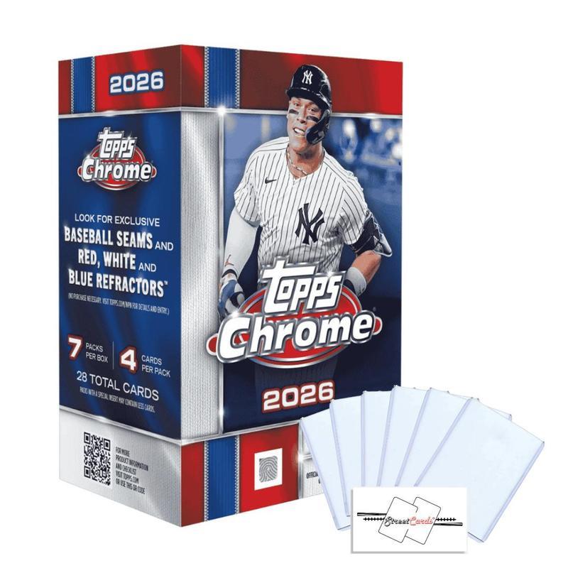 2026 Topps Chrome Baseball Blaster Box - 28 Trading Cards, 7 Packs, Exclusive Baseball Seams & Red White Blue Refractors, Lightboard Logo Variations, 6 Toploaders & StreetCards Magnet