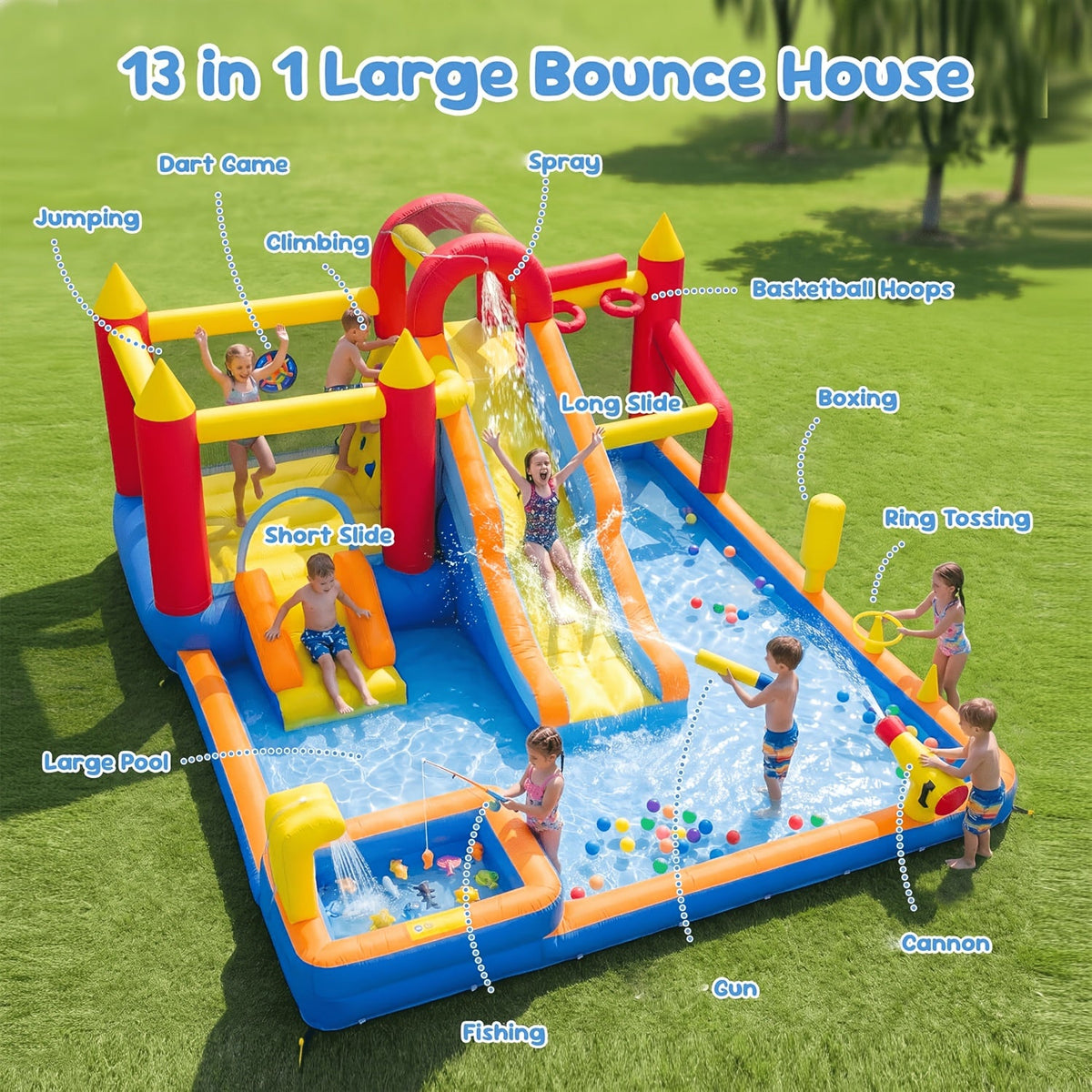 13-in-1 Inflatable Water Bounce House with 550W Blower, Dual Slides, Splash Pool, Water Cannon, Climbing Wall, Basketball Hoop, Fishing & Ring Toss - Kids Backyard Water Park Jumping Castle for Summer