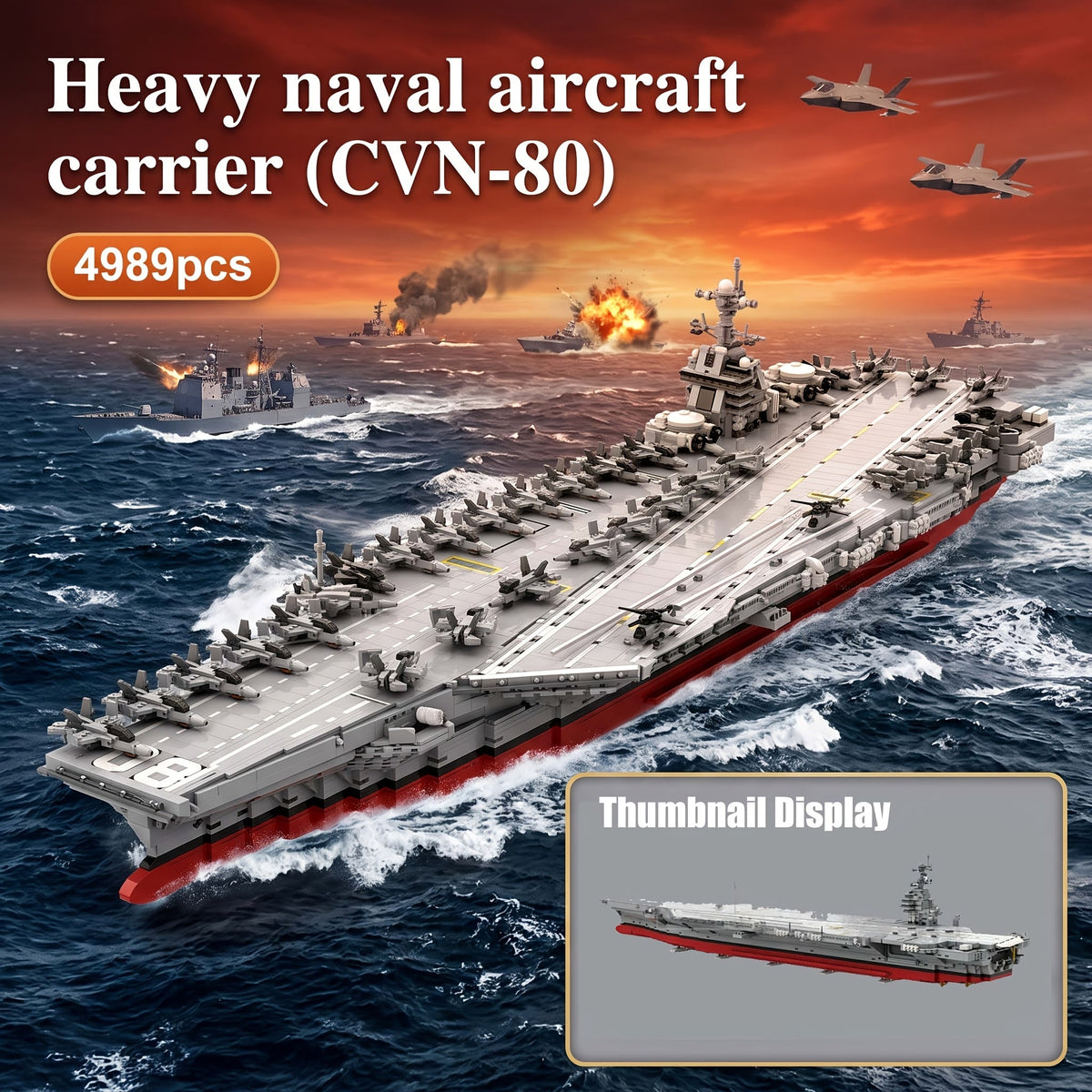 4989 Piece Navy Aircraft Carrier Building Block Set – Grey & Red Hull Warship Diorama, Elevating Flight Deck, Island Tower, MOC Military Model Kit, Collector Gift for Navy & Military Enthusiasts A2683