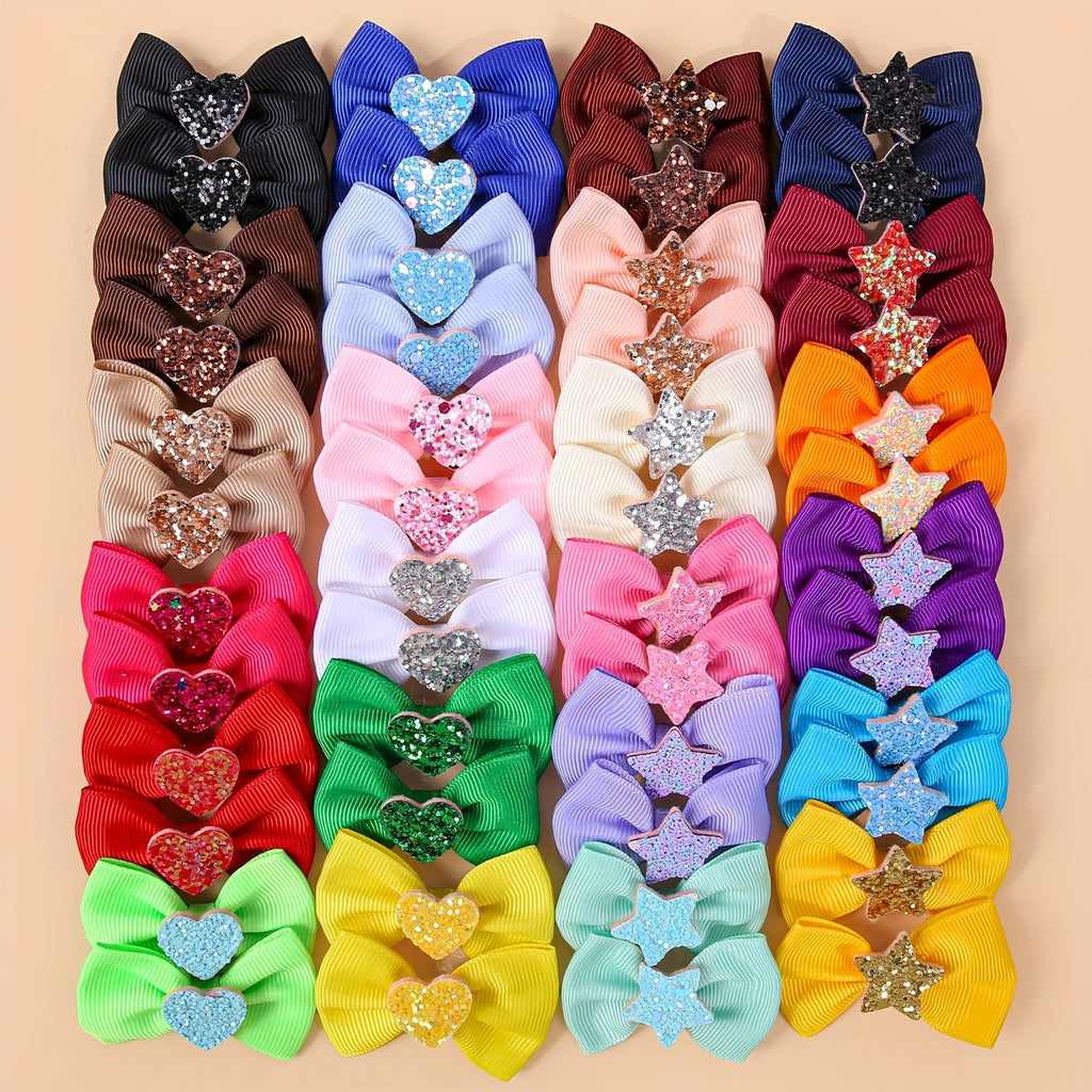 Dog Bow Hair Clips 24pcs Assorted – Cute Glitter Heart & Star Grooming Hair Accessories for Small Dogs & Puppies, Mixed Color Random Styles Pet Hair Bows
