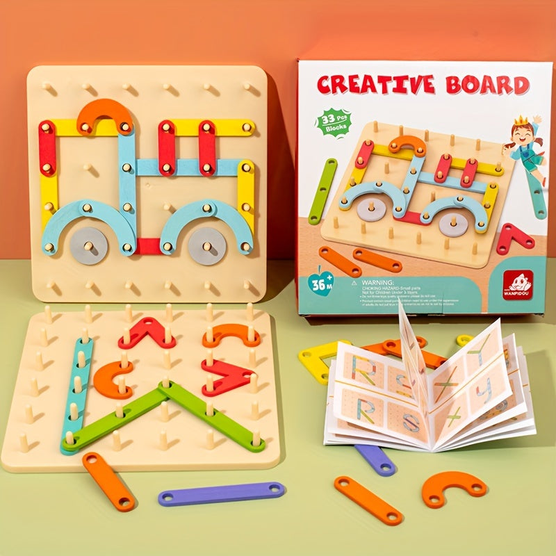 Wooden Nail Board Puzzle Toy for Kids – Creative Geoboard with Letters Numbers & Geometric Shapes, Montessori Sensory Educational Toy, Parent-Child Building Activity, Birthday Halloween Christmas Gift for Boys Girls