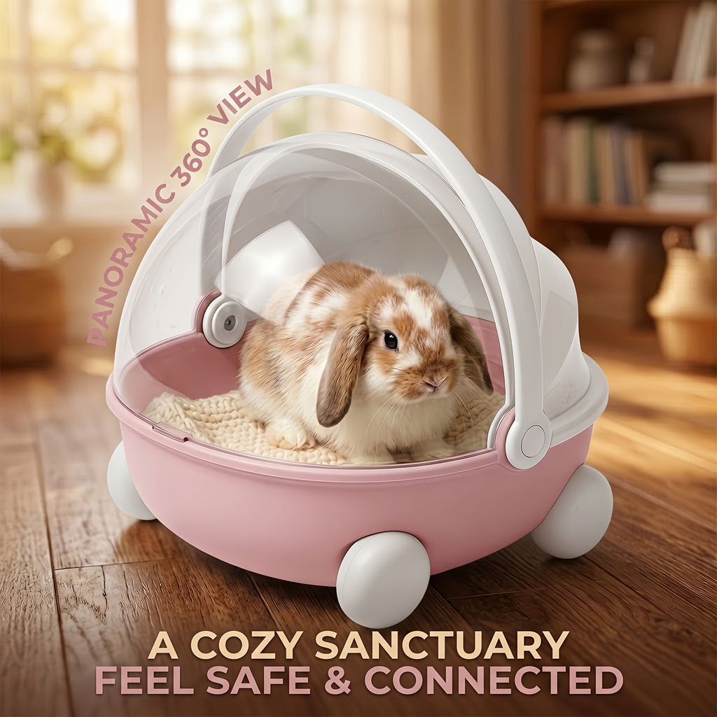 Small Animal Pet Carrier Stroller with Wheels & Transparent Dome, Portable Breathable Travel Carrier Bag for Rabbits, Guinea Pigs, Hedgehogs & Bunnies, Handheld Outdoor Pet Transport Cage with Handle