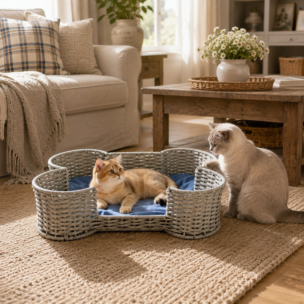 Bone Shaped Dog Toy Storage Basket – Hand Woven Faux Rattan Pet Toy Organizer Bin for Cat & Dog Toys, Leashes & Accessories, Farmhouse Home Decor Style