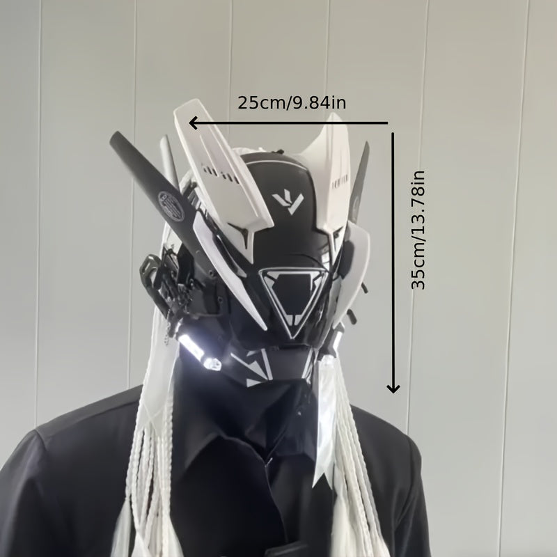 Cyberpunk LED Mask White Horn Helmet with Tassel Futuristic Sci-Fi Headwear – Halloween Cosplay Costume, Bar Club Rave LARP Stage Performance Dress-Up Accessory for Cyberpunk & Sci-Fi Fans