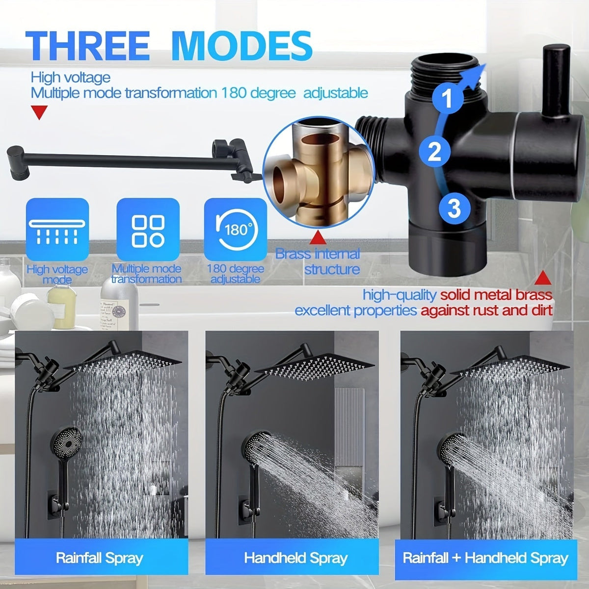 High Pressure Rainfall Handheld Shower Head Combo 11-Inch Extension Arm 9 Settings Anti-Leak Height Adjustable Chrome Matte Black