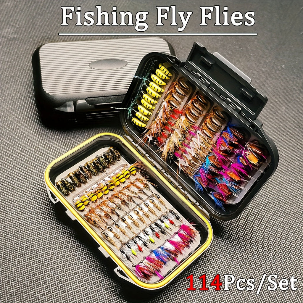 114-Piece Fly Fishing Lures Assortment with Portable Box - 11 Mixed Styles Dry/Wet Flies, Nymphs & Streamers, Size 10 Hooks for Trout, Bass, Salmon, Steelhead & Carp - Freshwater & Saltwater