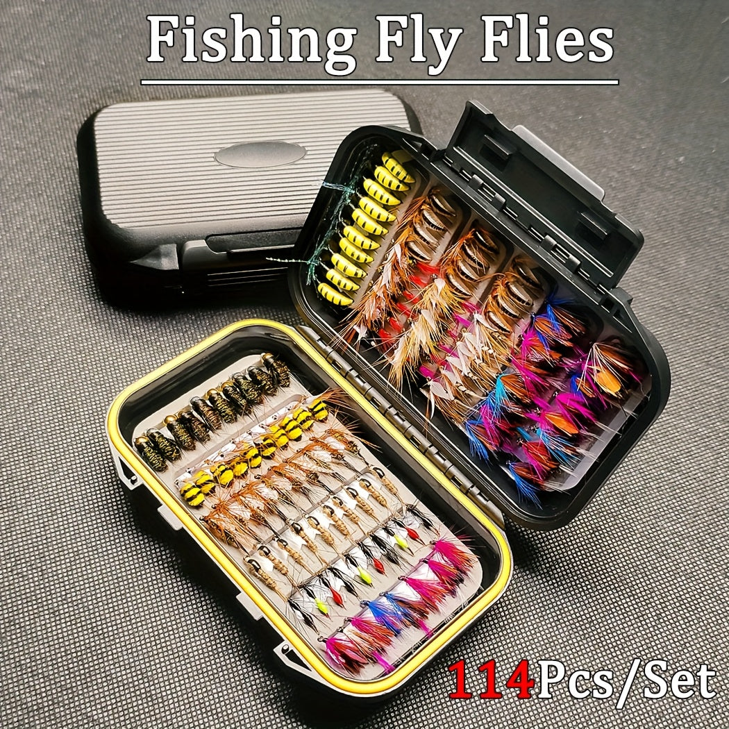 114-Piece Fly Fishing Lures Assortment with Portable Box - 11 Mixed Styles Dry/Wet Flies, Nymphs & Streamers, Size 10 Hooks for Trout, Bass, Salmon, Steelhead & Carp - Freshwater & Saltwater