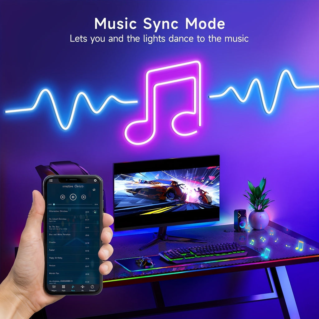 RGB LED Neon Rope Light IP65 Waterproof – App & Remote Control, Music Sync Color-Changing Silicone Strip 3.2ft/9.8ft/16.4ft for Gaming, Bedroom, Indoor & Outdoor Decoration