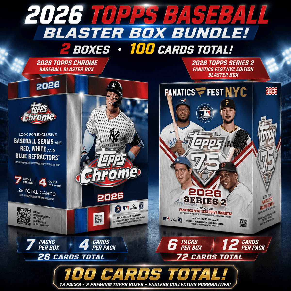 2026 Topps Baseball Blaster Box Bundle – Series 2 Fanatics Fest NYC Edition & Topps Chrome, 13 Packs, 100 Cards Total, Factory Sealed – Premium Baseball Card Set for Collectors & Gifts