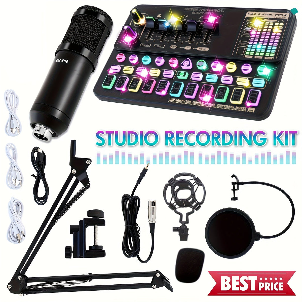 BM-800 Podcast Recording Studio Bundle with Live Sound Card, Voice Changer & Earphones – Complete Audio Interface Kit for Streaming, Vlogging & Live Broadcast, Multiple Models Available