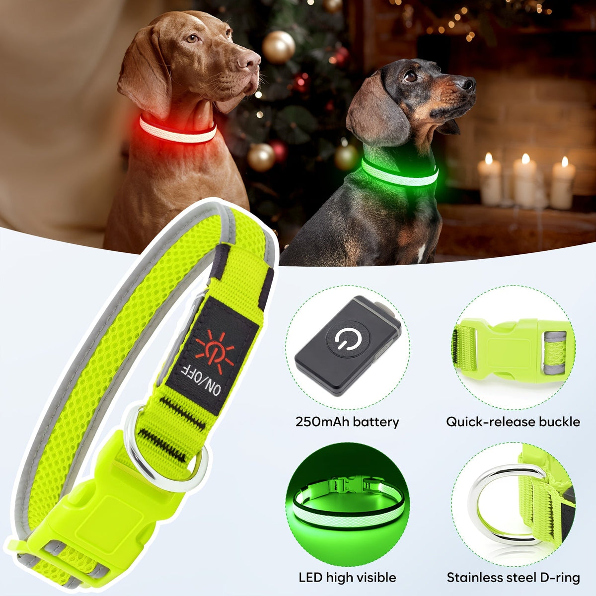 LED Dog Collar USB Rechargeable with 6 Color Lights - Adjustable Soft Mesh Safety Collar for Small Medium Large Dogs, Glowing Night Visibility Dog Collar for Nighttime Walking, Durable & Stylish