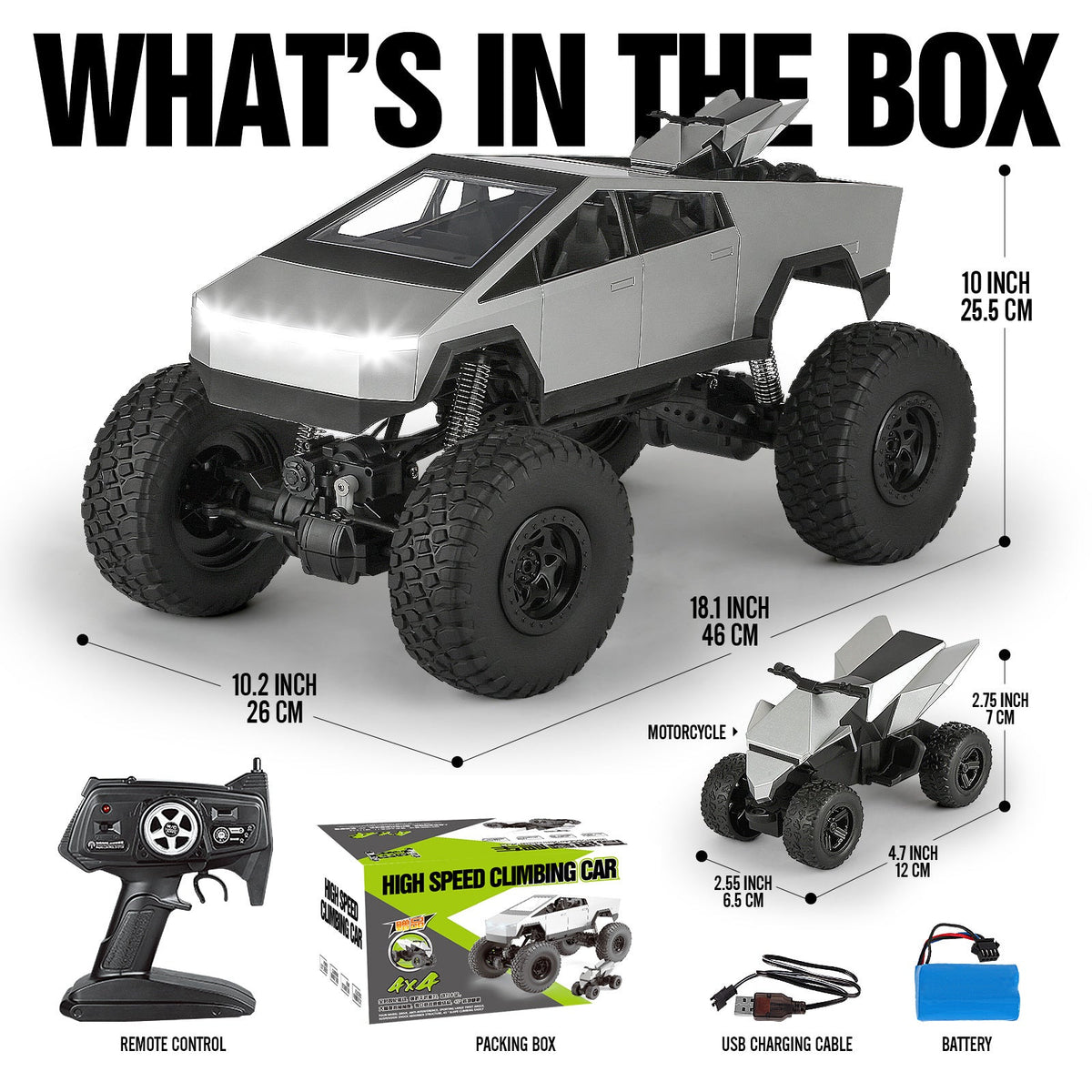 Giant 18.1 Inch RC Monster Truck with Free Bonus Mini RC Motorcycle - 4WD Remote Control Truck, All-Terrain Climbing Vehicle, Shockproof Suspension, Anti-Slip Tires, Kids Gift